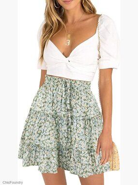High Waisted Floral Mini Skirt Drawstring Boho Ruffle Summer Short Skirt